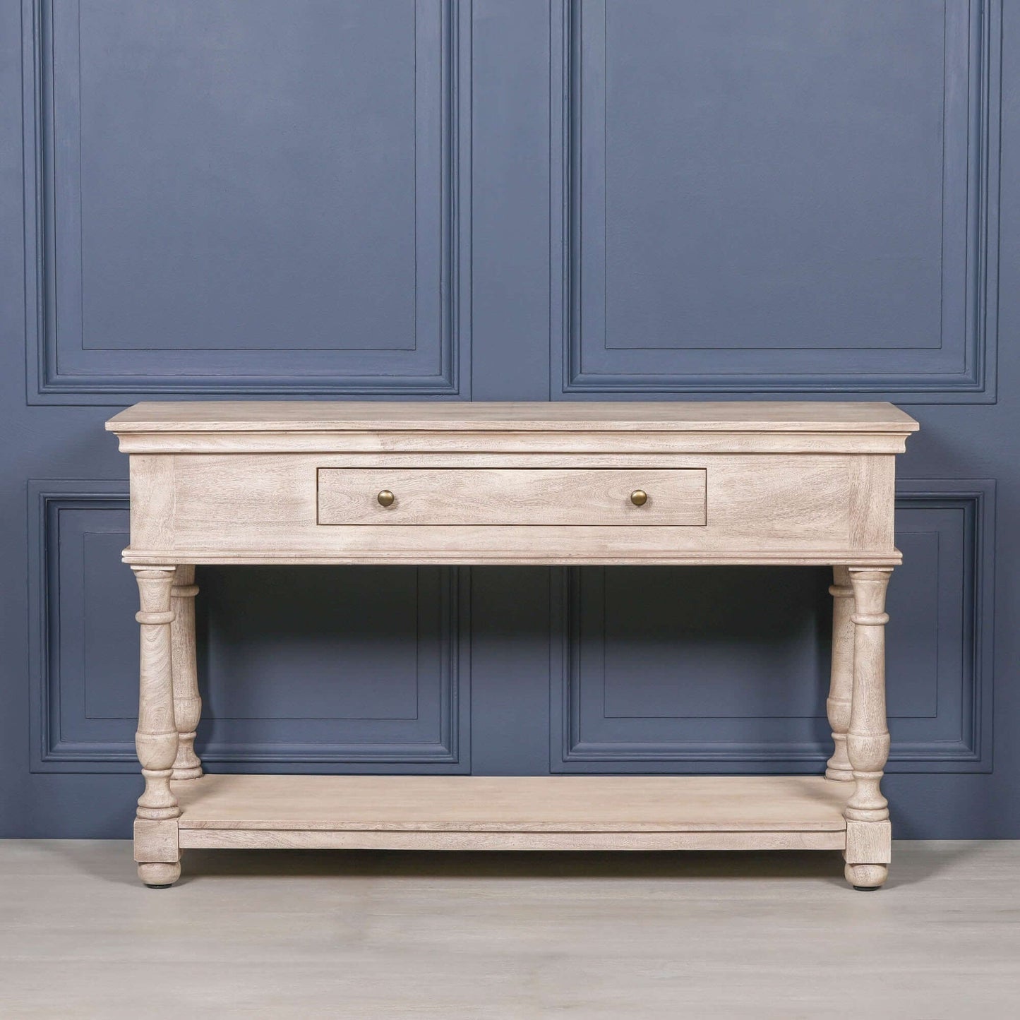 Acacia Wooden Console Table with Drawer, Shelf & Vintage Brass Handles