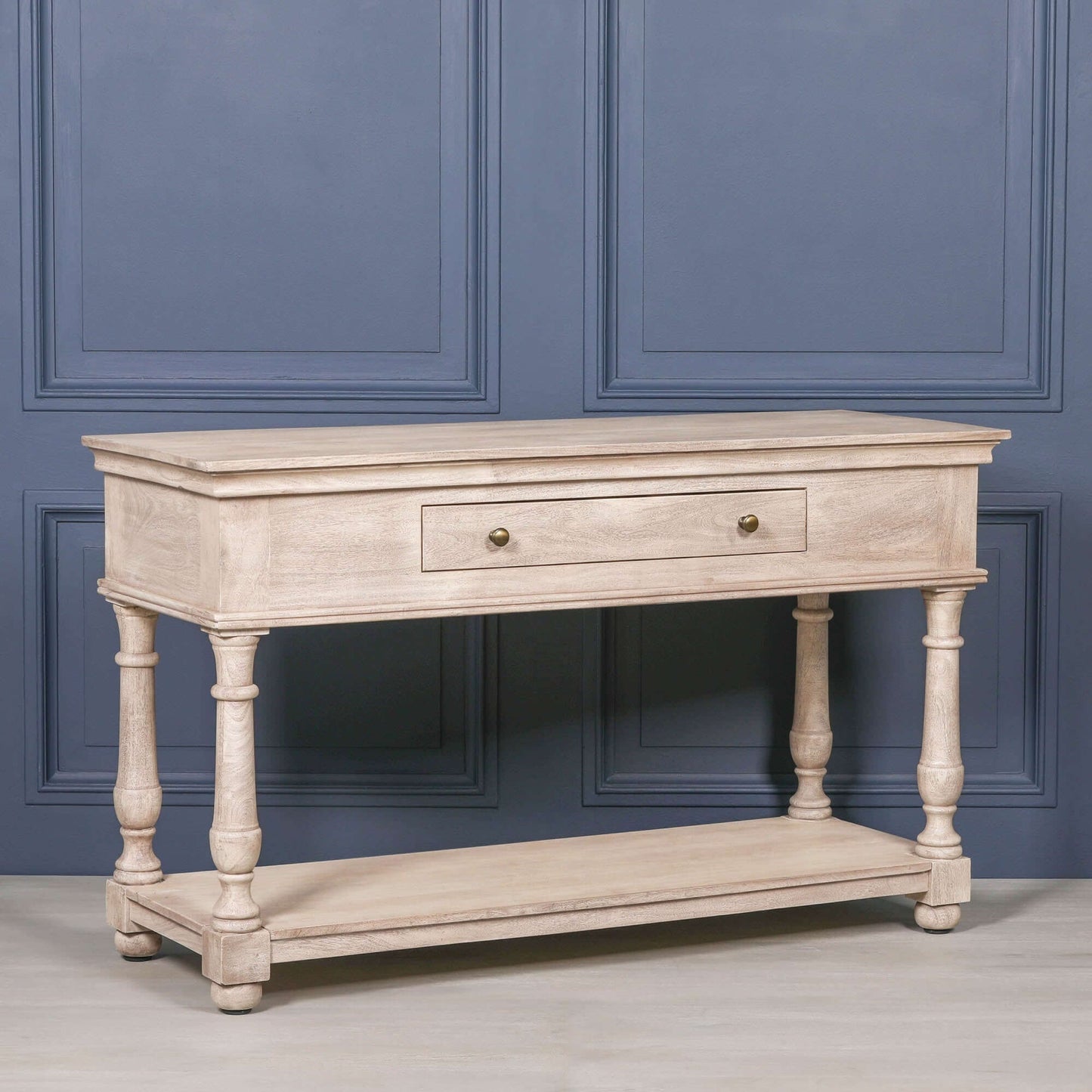 Acacia Wooden Console Table with Drawer, Shelf & Vintage Brass Handles