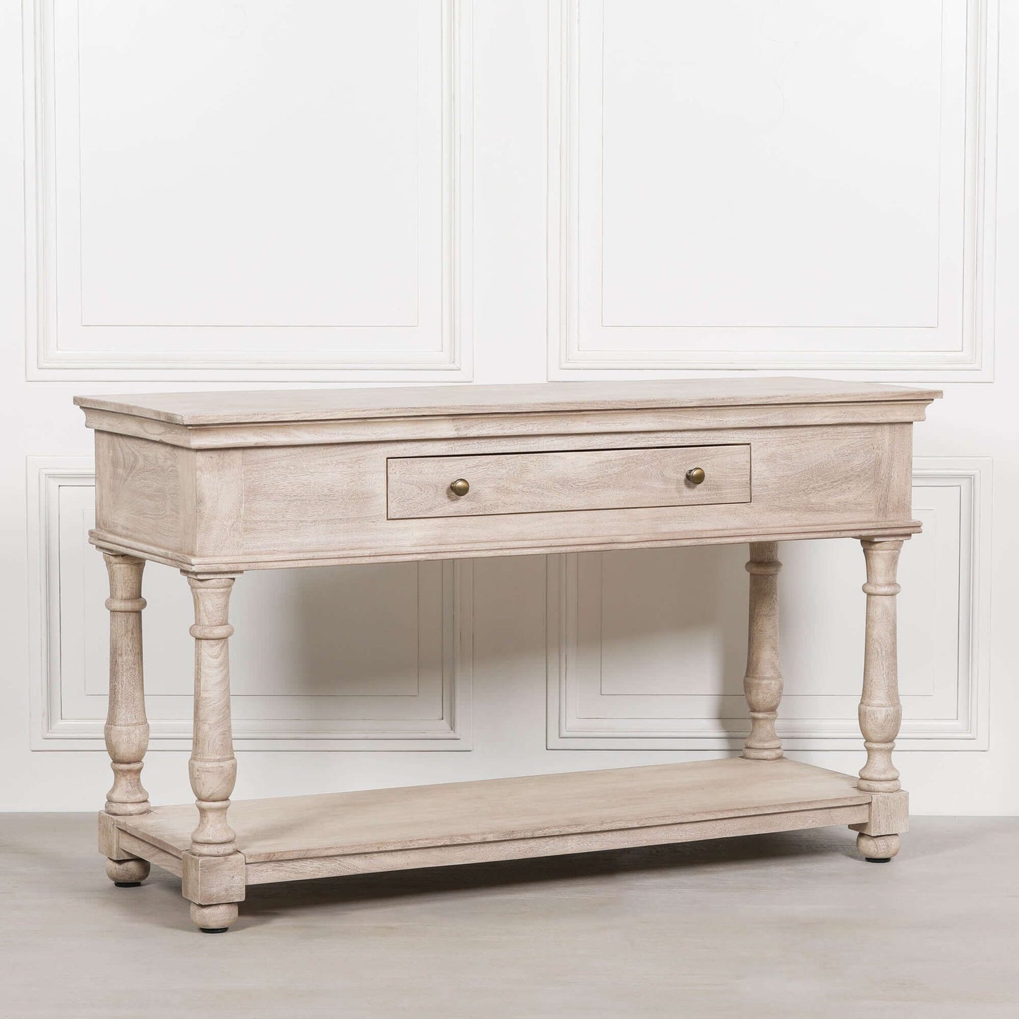 Acacia Wooden Console Table with Drawer, Shelf & Vintage Brass Handles