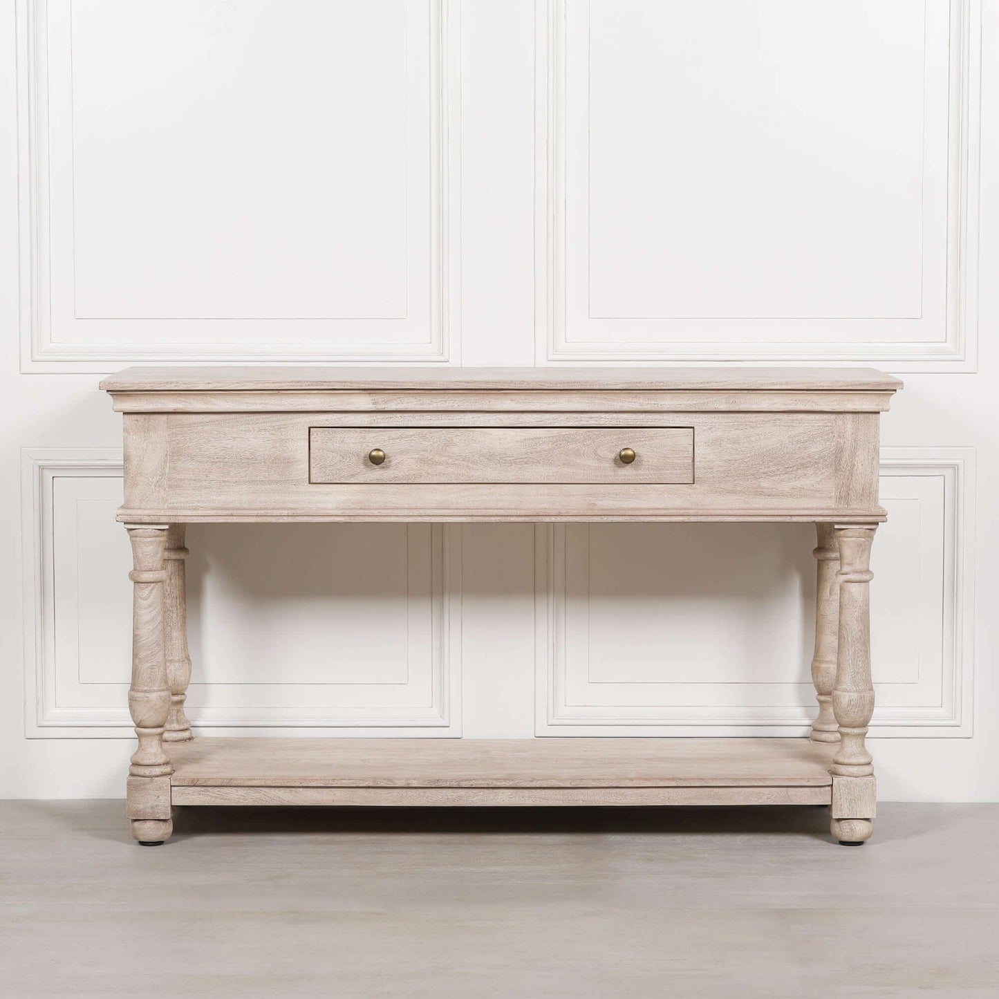 Acacia Wooden Console Table with Drawer, Shelf & Vintage Brass Handles