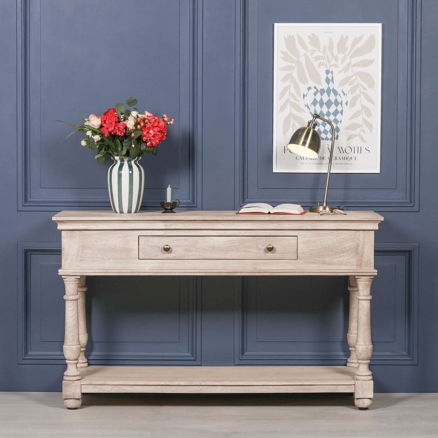 Acacia Wooden Console Table with Drawer, Shelf & Vintage Brass Handles