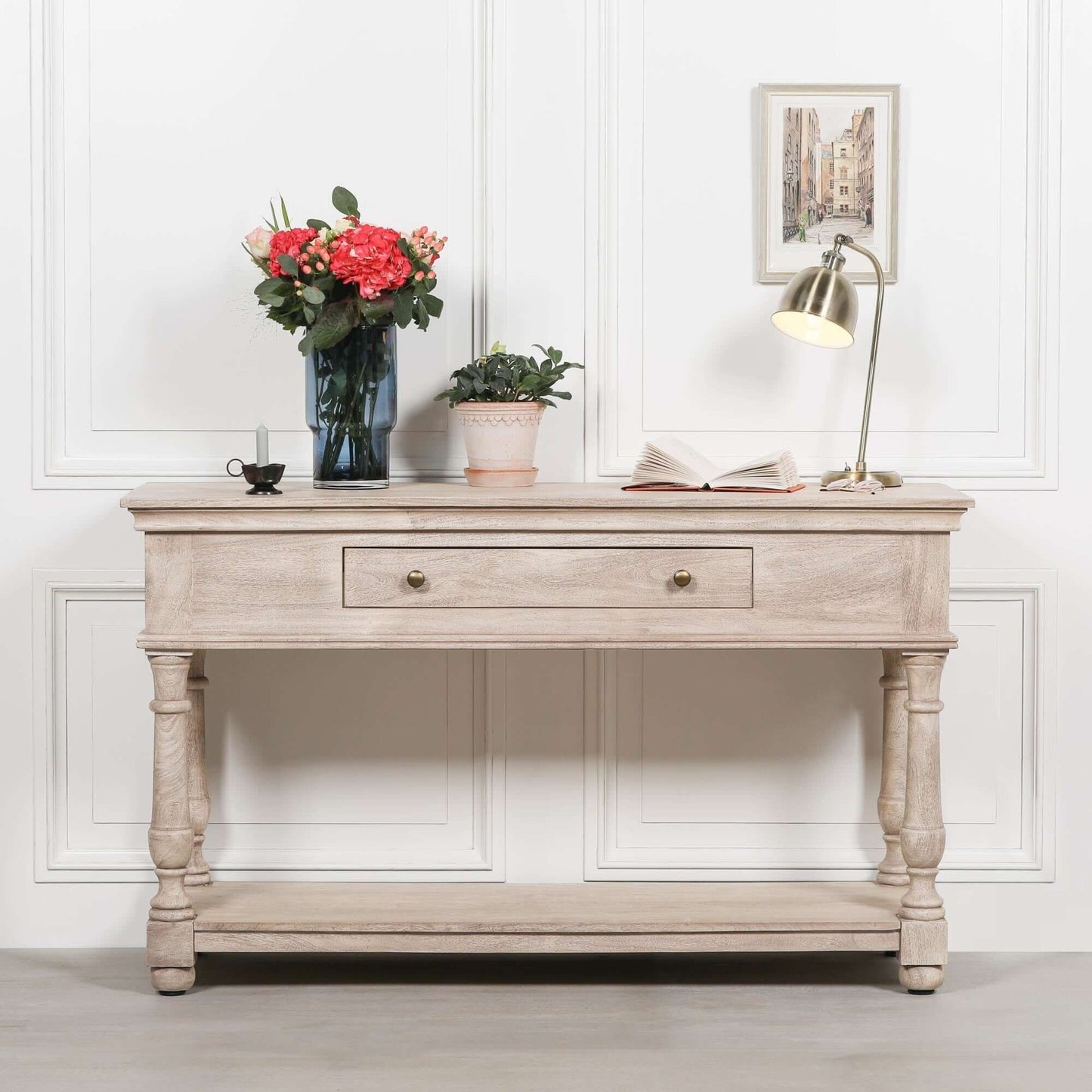 Acacia Wooden Console Table with Drawer, Shelf & Vintage Brass Handles