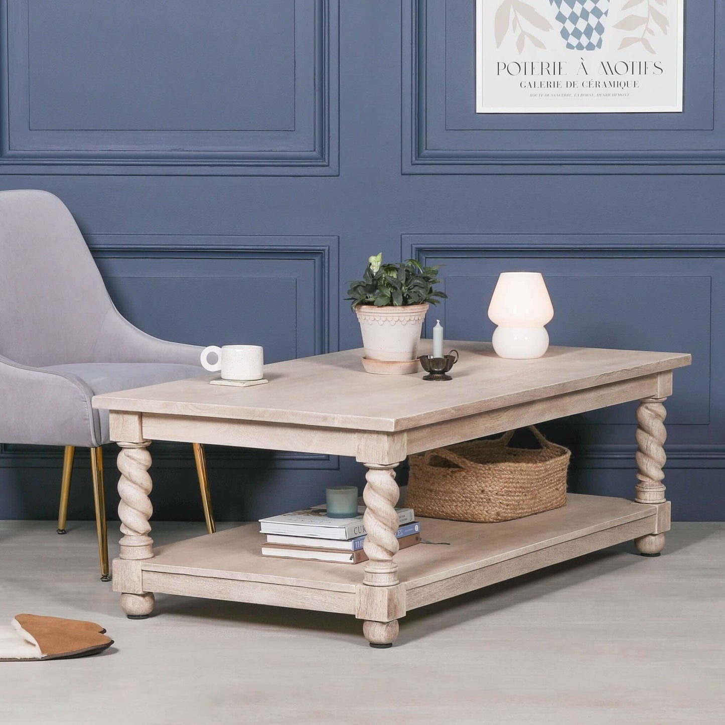 Acacia Wood Coffee Table with Twirl Carved Column Legs