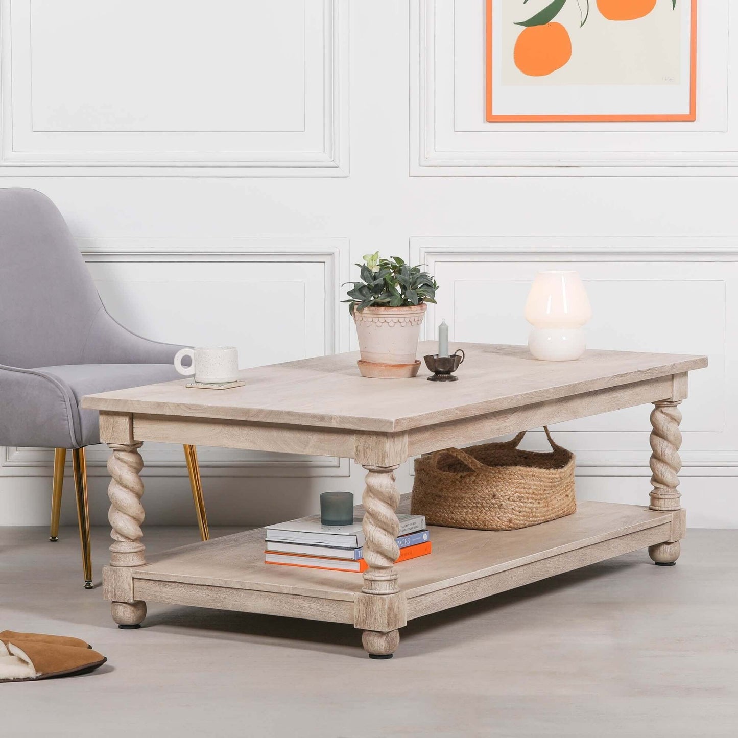 Acacia Wood Coffee Table with Twirl Carved Column Legs