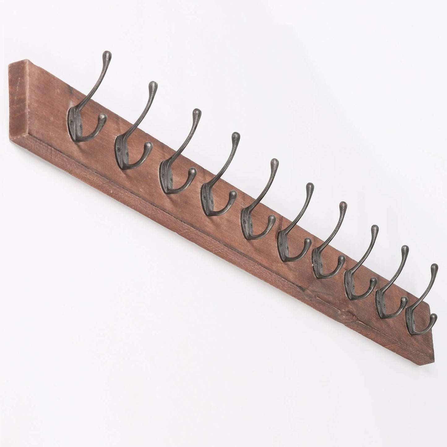 Large 10 Hook Wooden Coat Hanger With Cast Iron Hooks Rustic Style