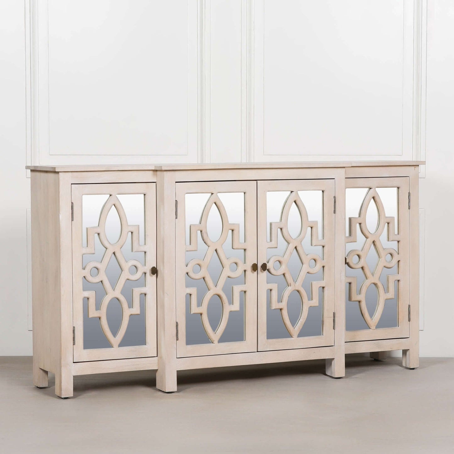 Rustic Blanche Wooden 4 Door Mirrored Sideboard with Brass Handles