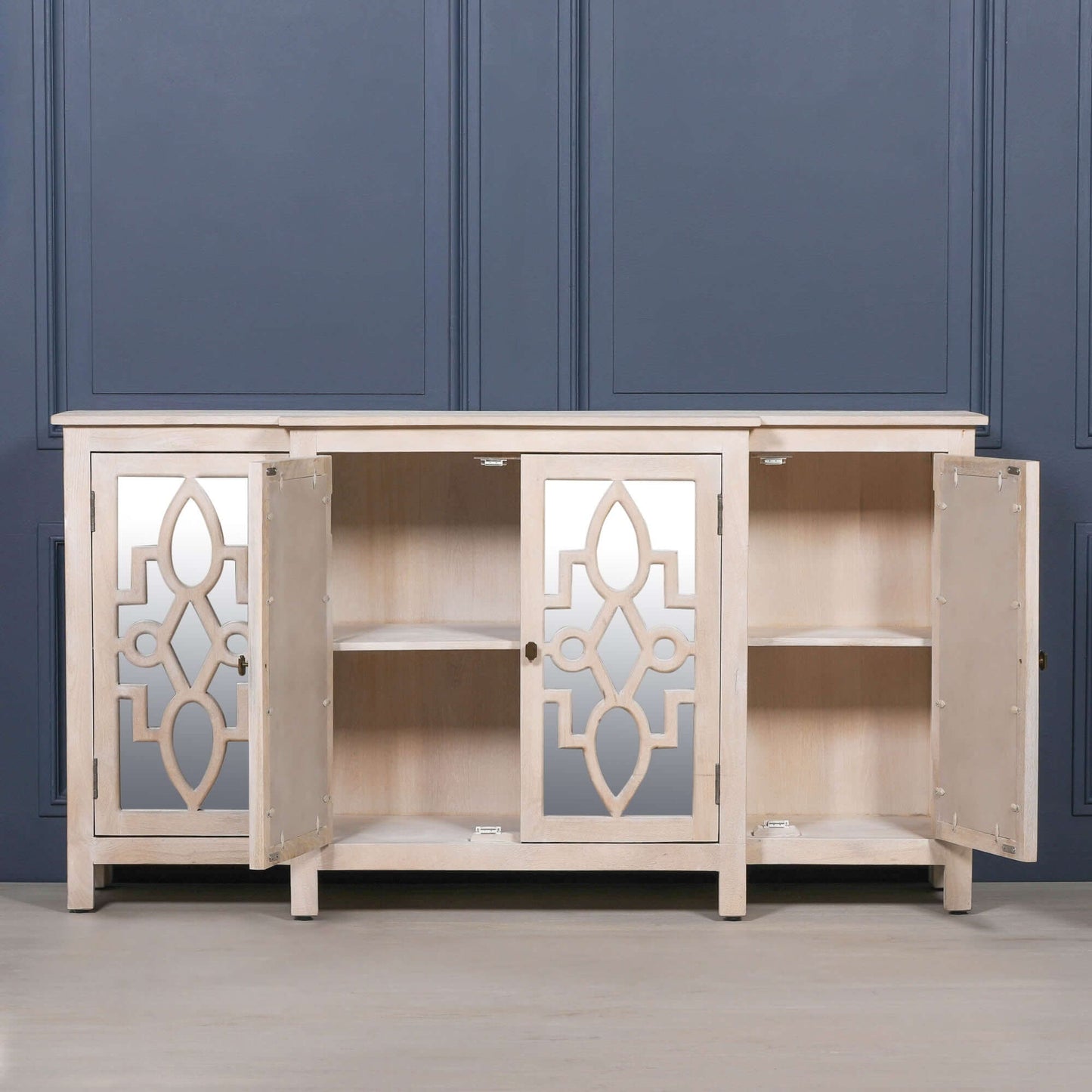 Rustic Blanche Wooden 4 Door Mirrored Sideboard with Brass Handles