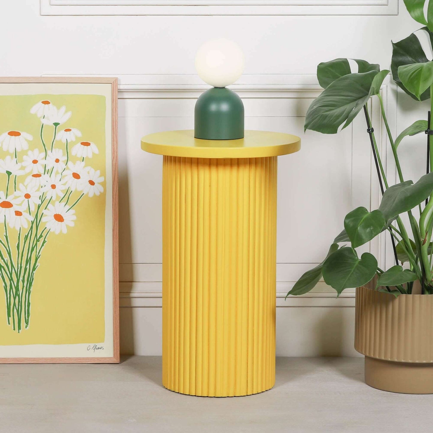 Yellow Mango Wood Ribbed Side Occasional Table