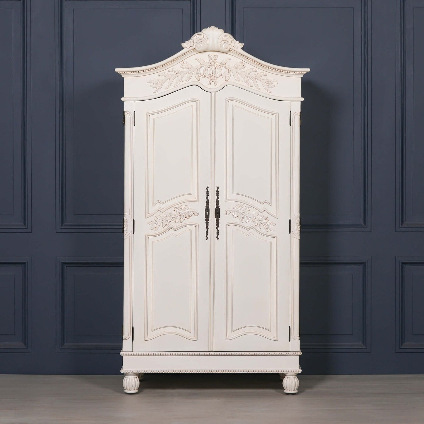 Wooden Carved French Chateau White Double Armoire
