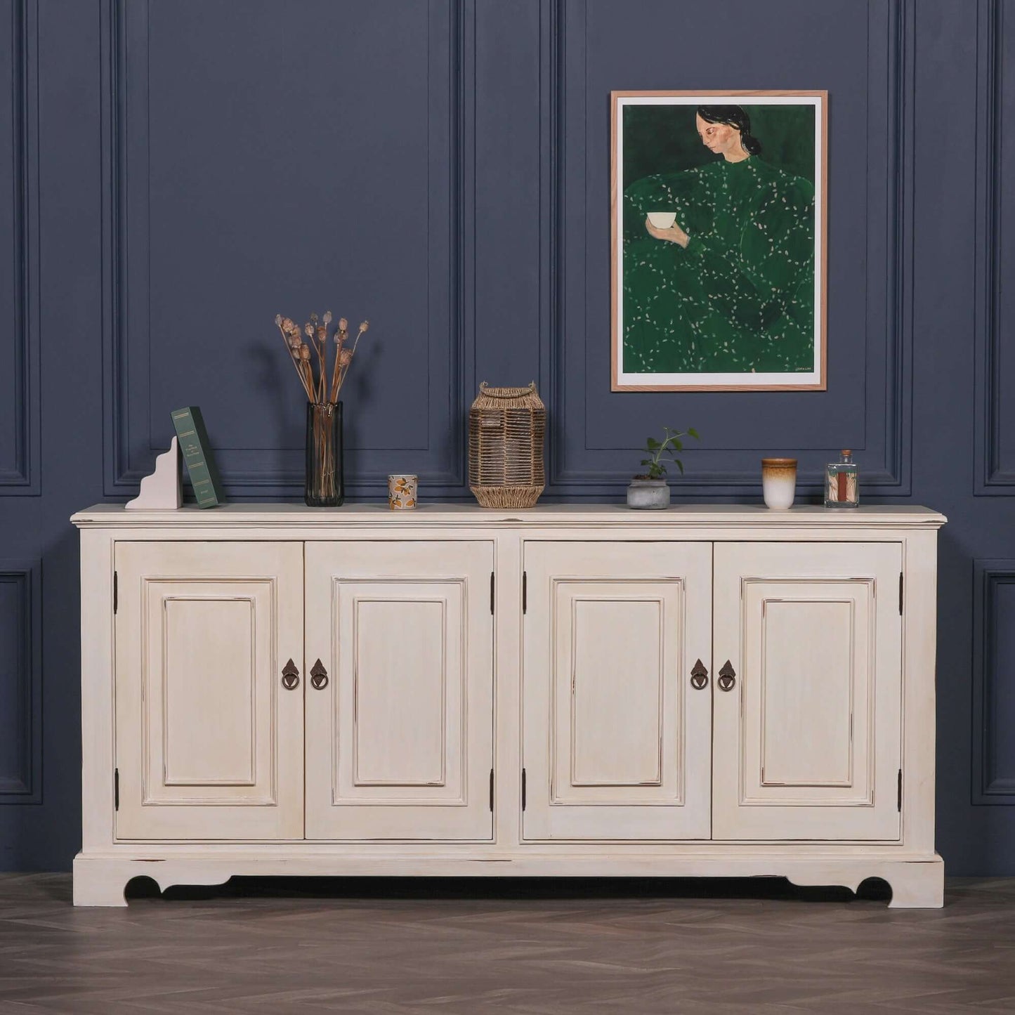 White Brush Painted Classical Sideboard Distressed Aged Finish