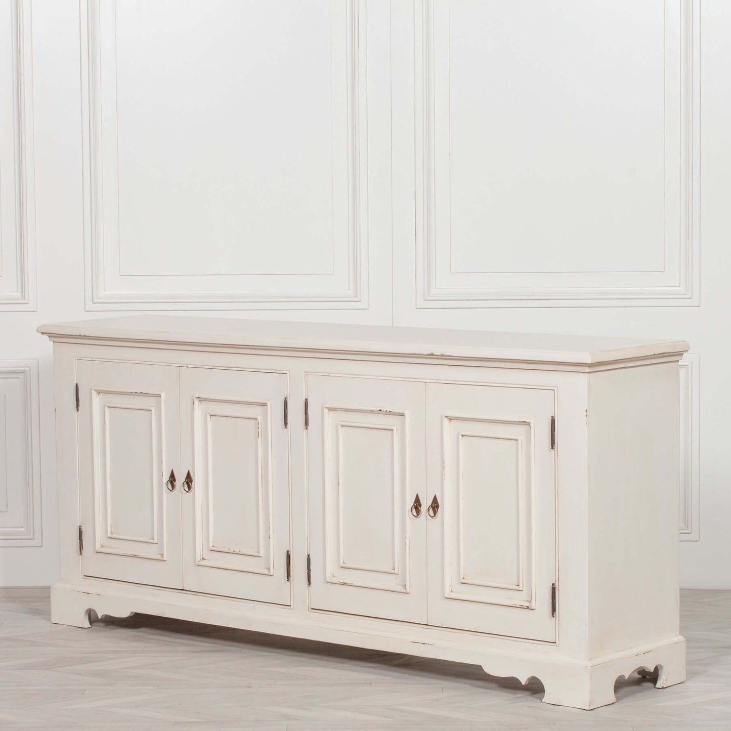 White Brush Painted Classical Sideboard Distressed Aged Finish