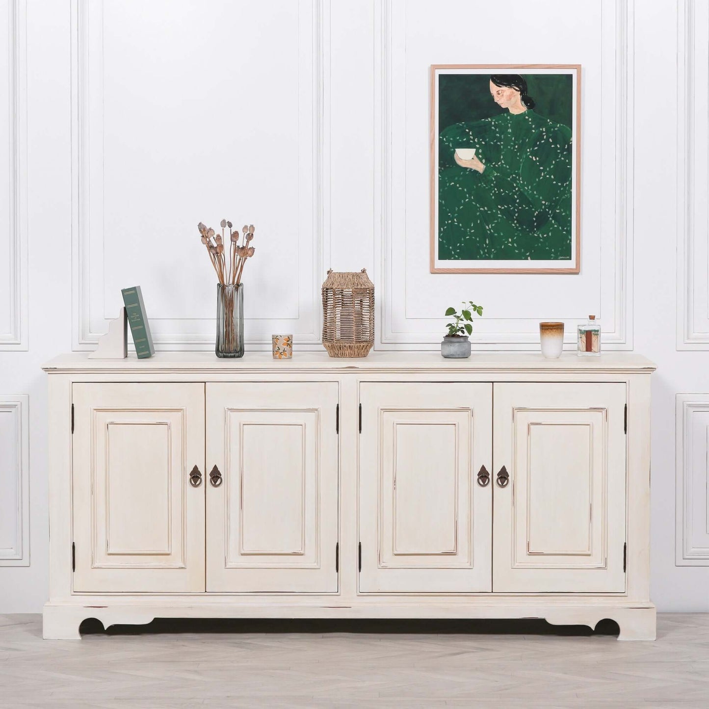 White Brush Painted Classical Sideboard Distressed Aged Finish