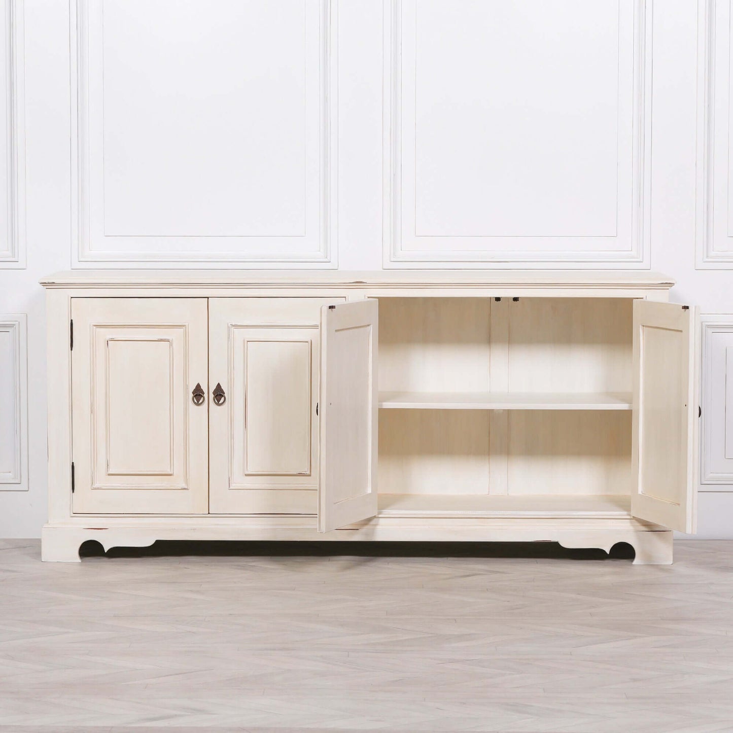 White Brush Painted Classical Sideboard Distressed Aged Finish