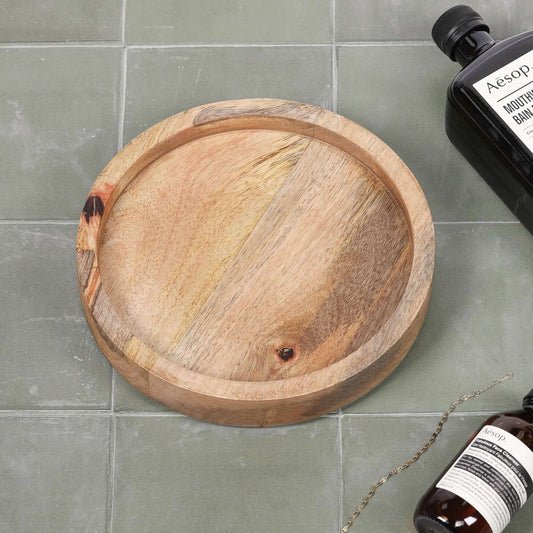 Round 20cm Wooden Tray made from mango wood, featuring a smooth surface and natural finish.