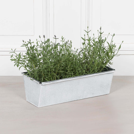 White wash metal window box planter with greenery, perfect for small spaces, 44cm rustic outdoor decor.