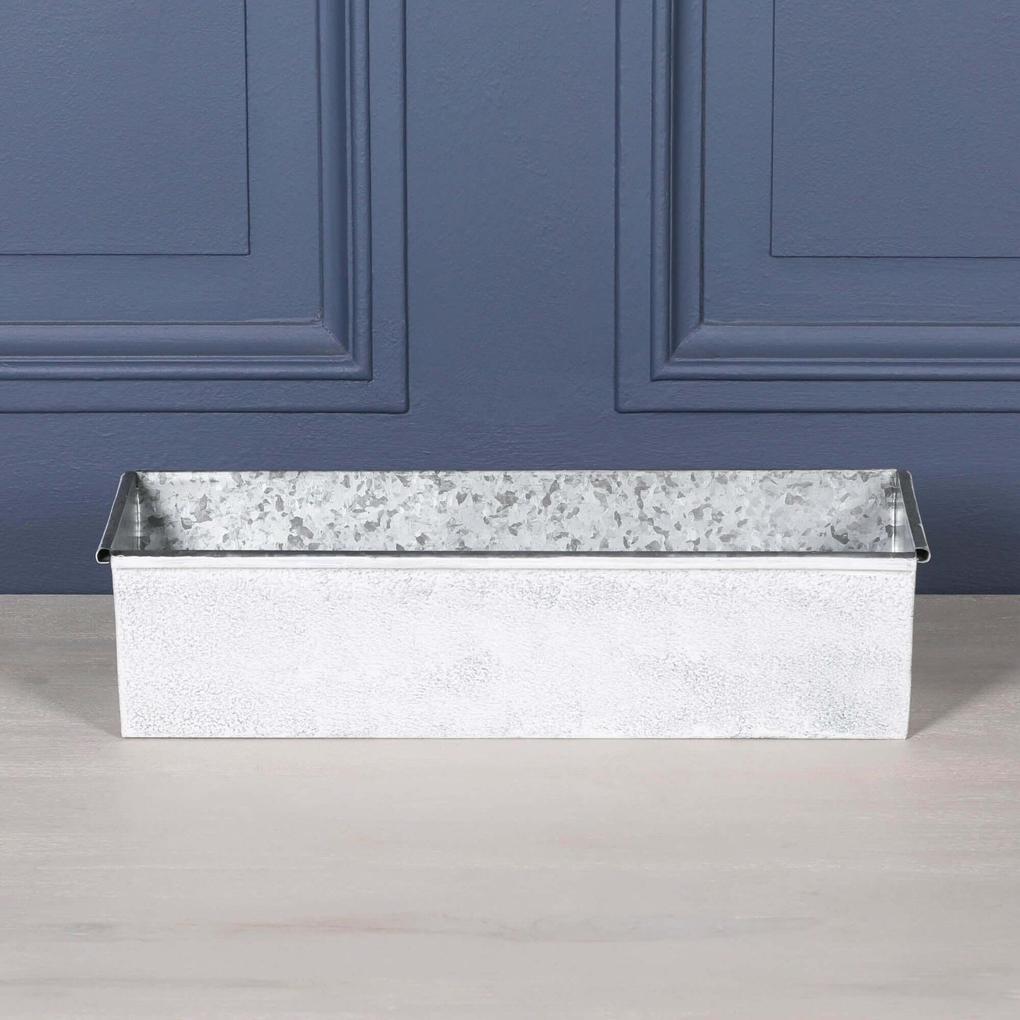 White Wash Metal Window Box Planter Roll Top - 54cm handcrafted galvanised steel with distressed finish.