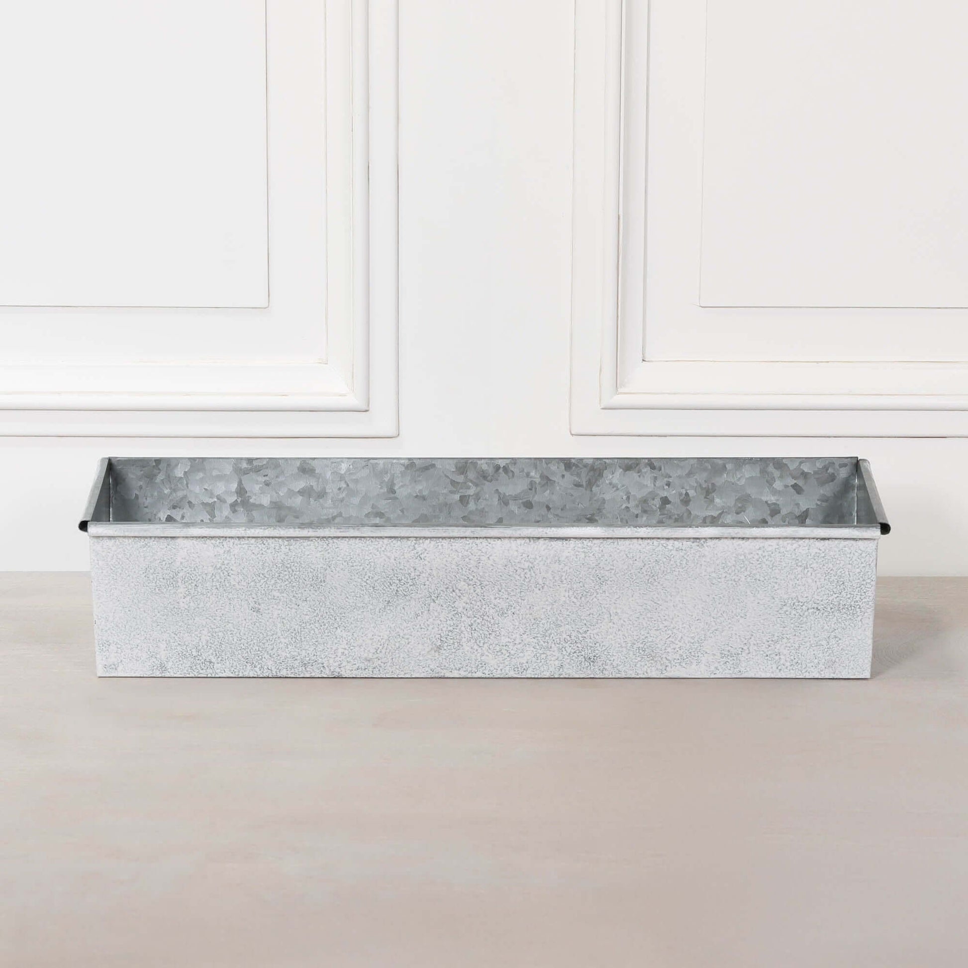 White Wash Metal Window Box Planter showcasing galvanized steel with a rustic finish. Ideal for flowers or herbs.