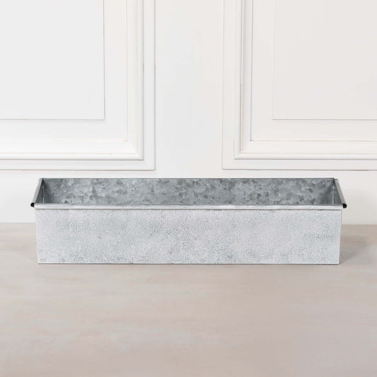 White Wash Metal Window Box Planter showcasing galvanized steel with a rustic finish. Ideal for flowers or herbs.