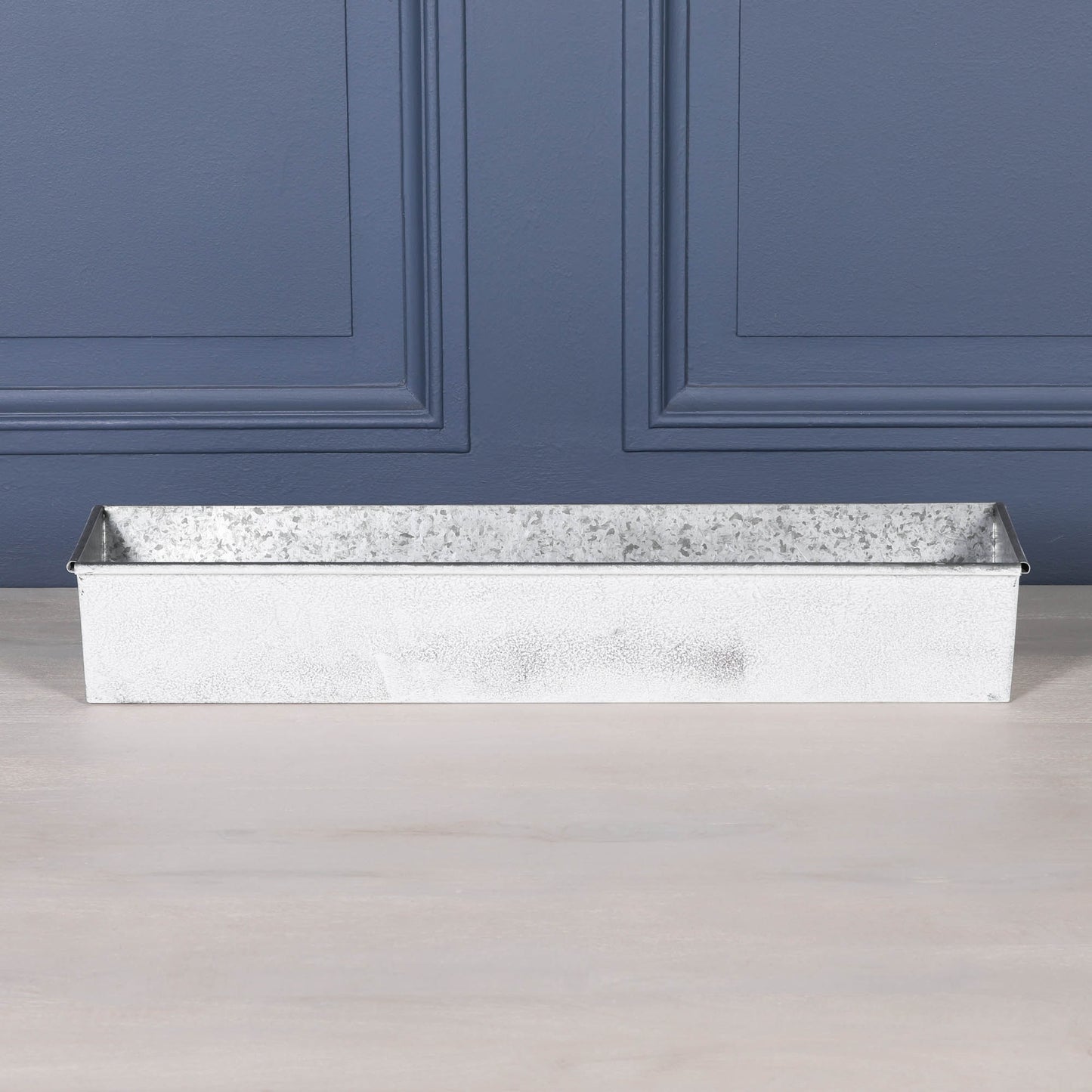 White Wash Metal Window Box Planter Roll Top - 84cm, ideal for herbs and flowers, showcasing rustic elegance.