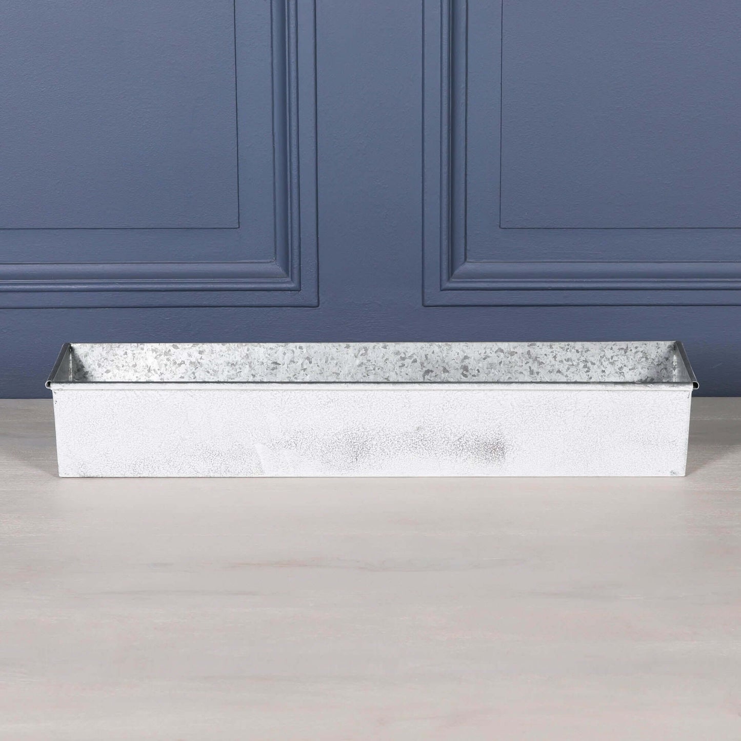 White Wash Metal Window Box Planter Roll Top - 84cm, ideal for herbs and flowers, showcasing rustic elegance.