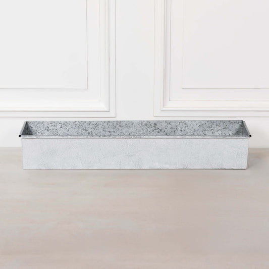 White Wash Metal Window Box Planter Roll Top - 84cm with a distressed finish on a neutral background.