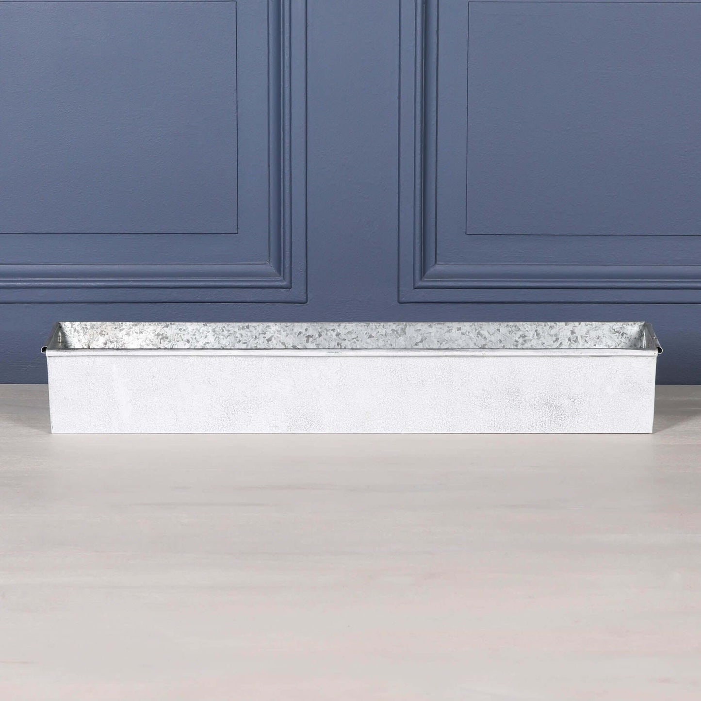 White wash metal window box planter Roll Top - 94cm for garden balcony featuring galvanized steel.