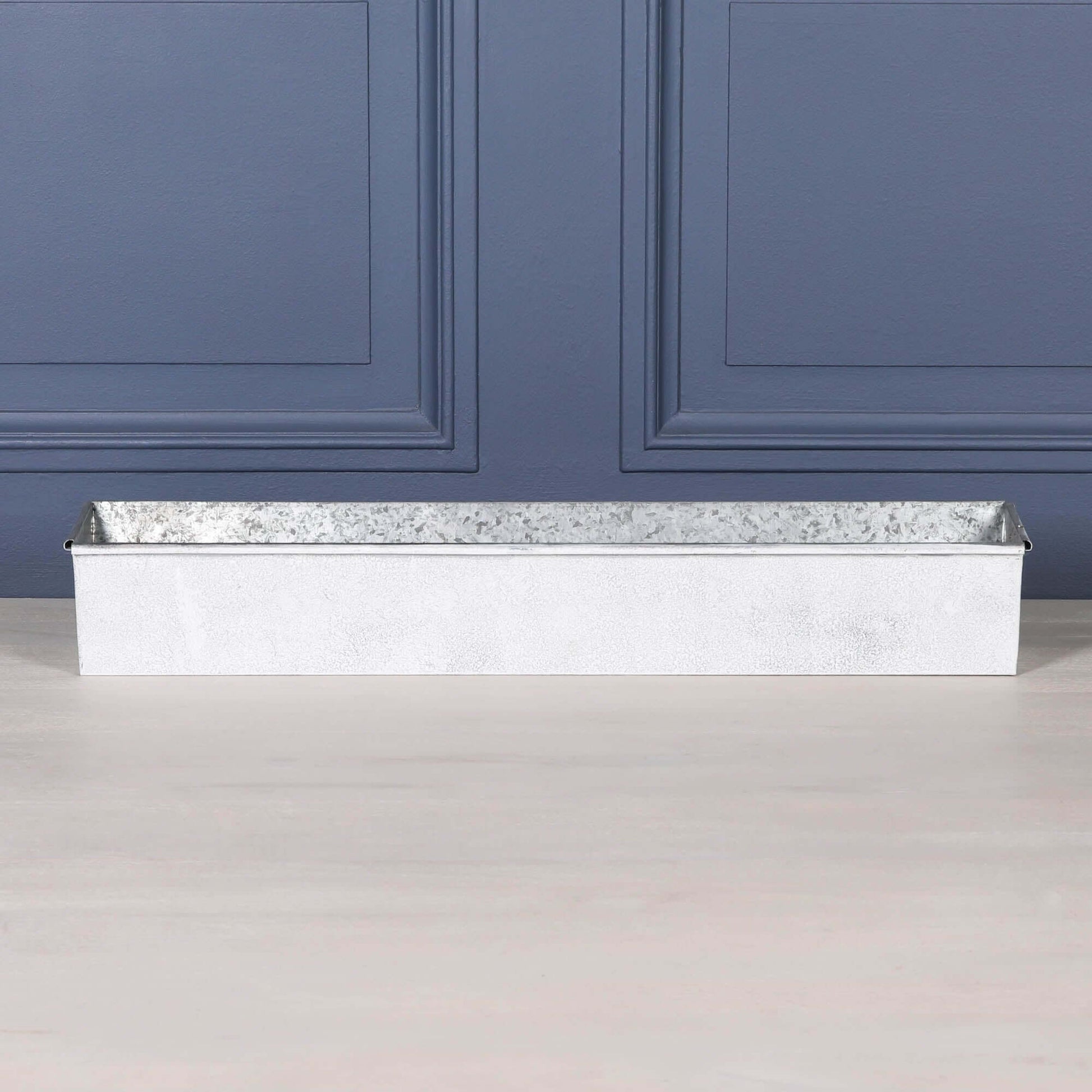 White wash metal window box planter Roll Top - 94cm for garden balcony featuring galvanized steel.