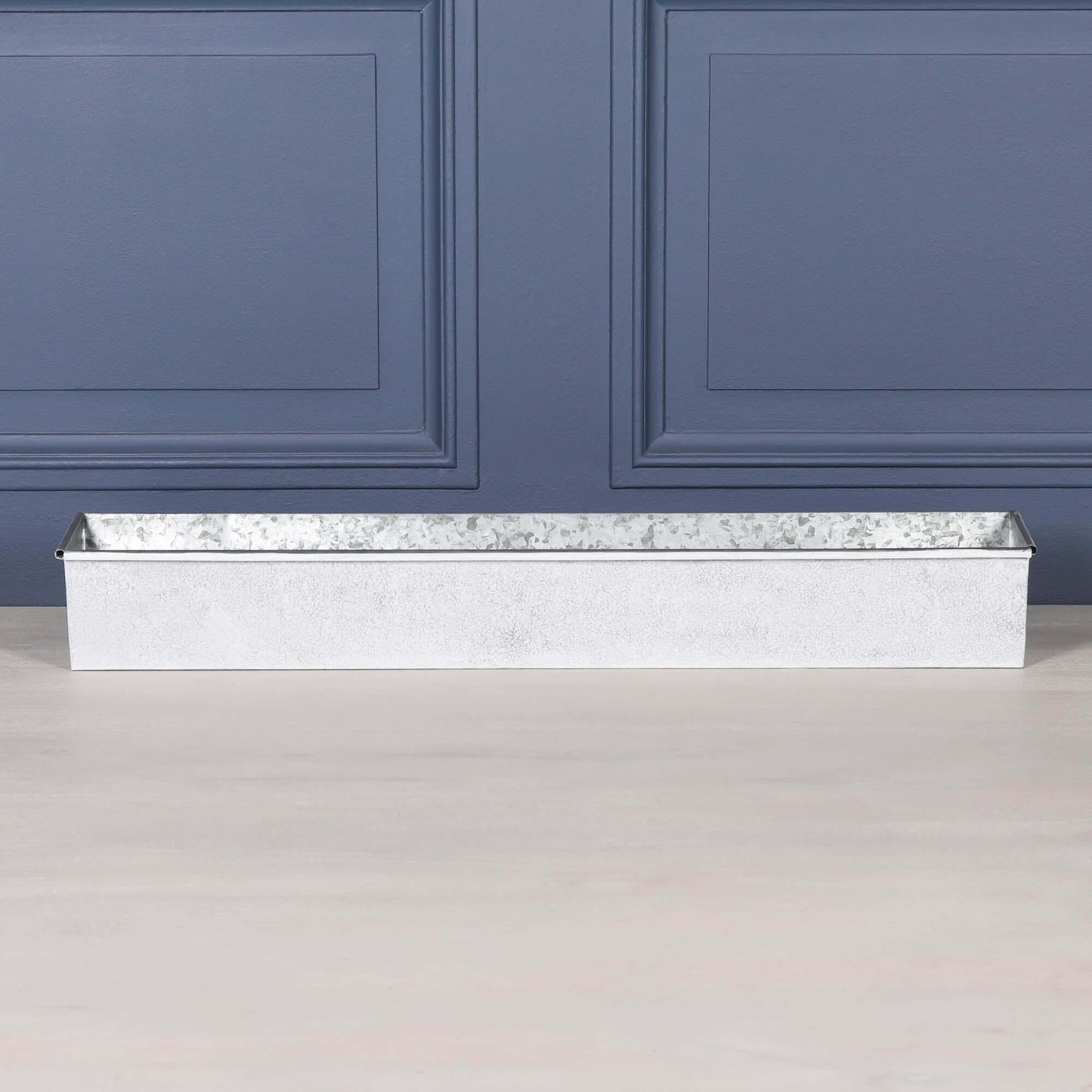 White Wash Metal Window Box Planter Roll Top - 104cm, showcasing its elegant design and sturdy construction.