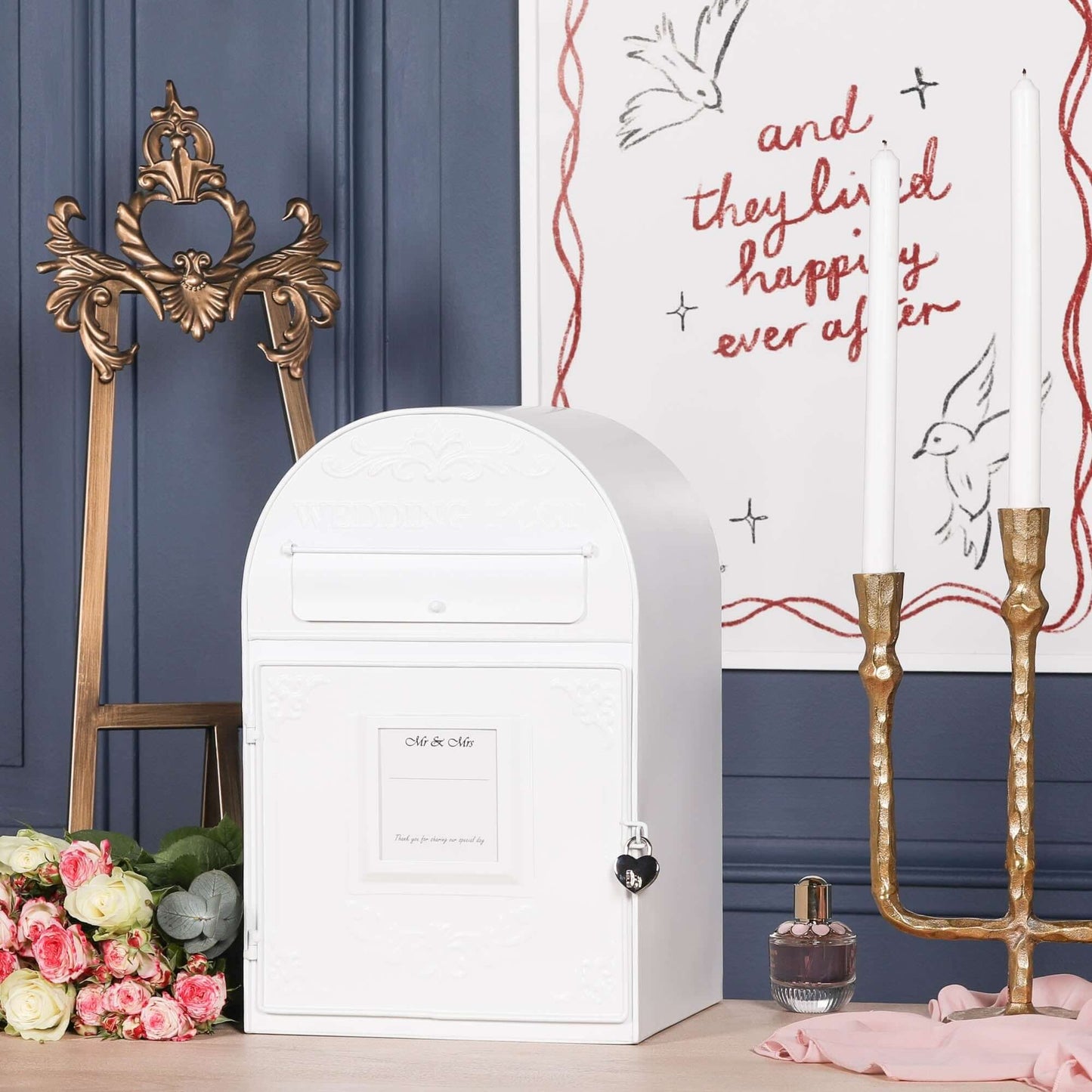 White Wedding Post Box with Gold Heart Padlock