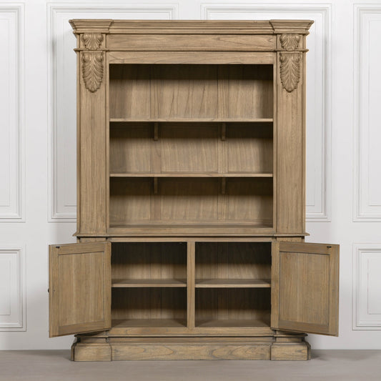 Large White Cedar Open Bookcase with Hand-Carved Corbel Details showcasing spacious shelving and lower cupboards.