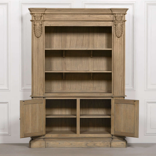 Large White Cedar Open Bookcase with Hand-Carved Corbel Details showcasing spacious shelving and lower cupboards.