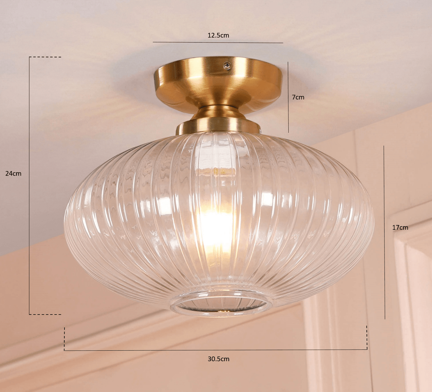 Fluted Glass Flush Ceiling Light with Brushed Brass Finish - Dimensions, elegant design for modern and classic interiors.
