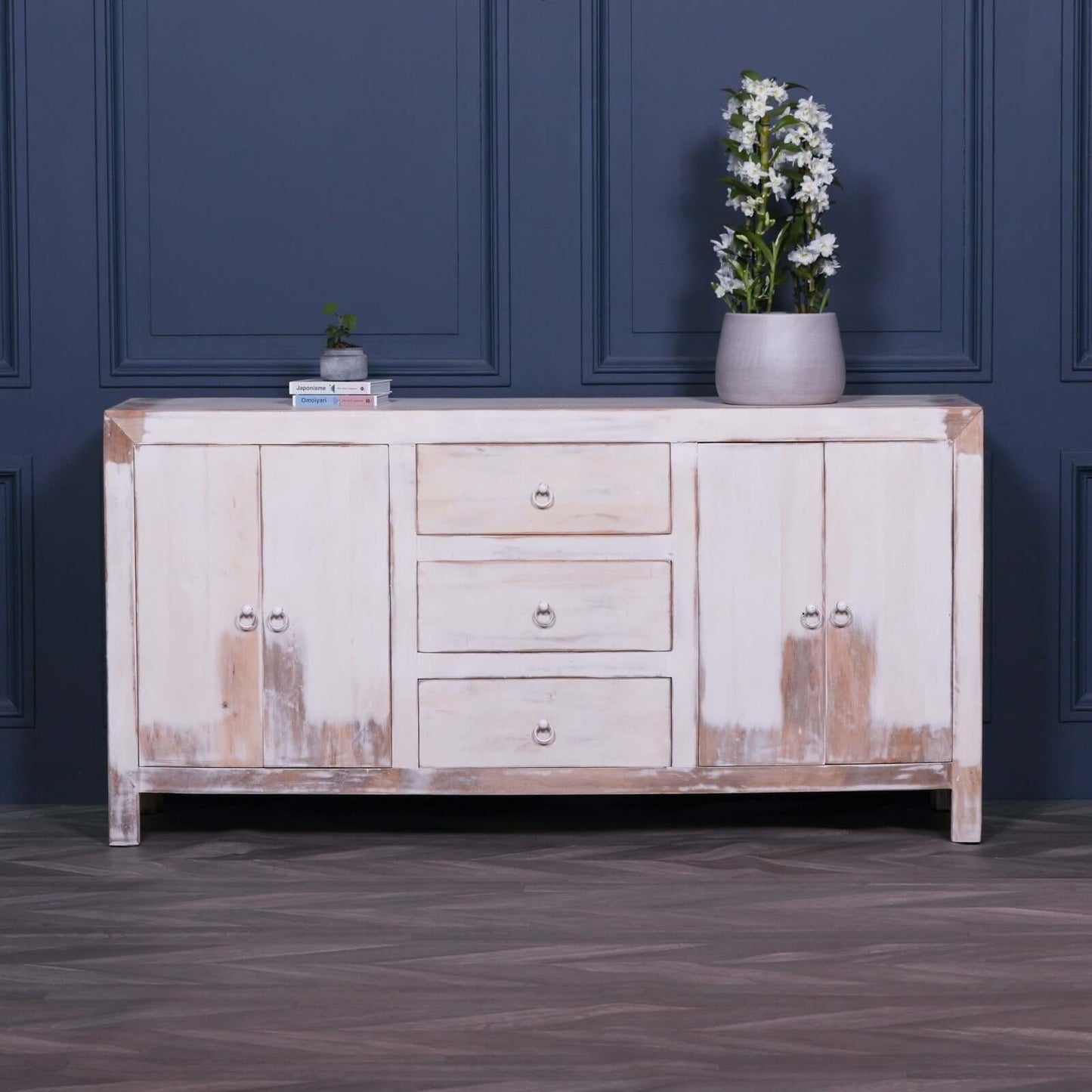 White Distressed Sideboard Mango Wood Oriental Style