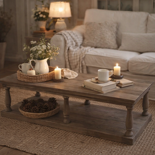 rustic coffee table with candles and books lit on top