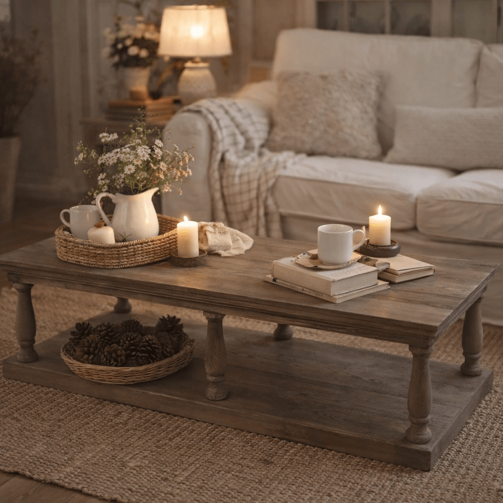 rustic coffee table with candles and books lit on top