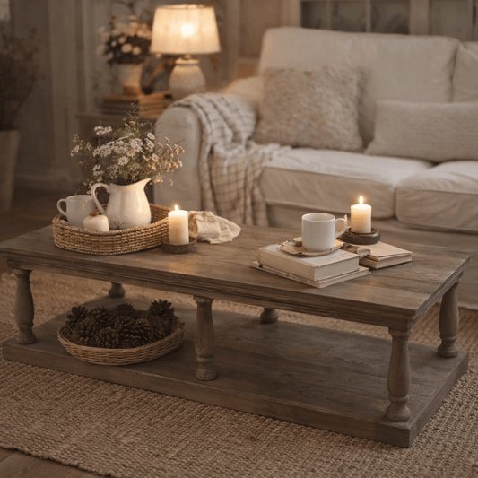 rustic coffee table with candles and books lit on top