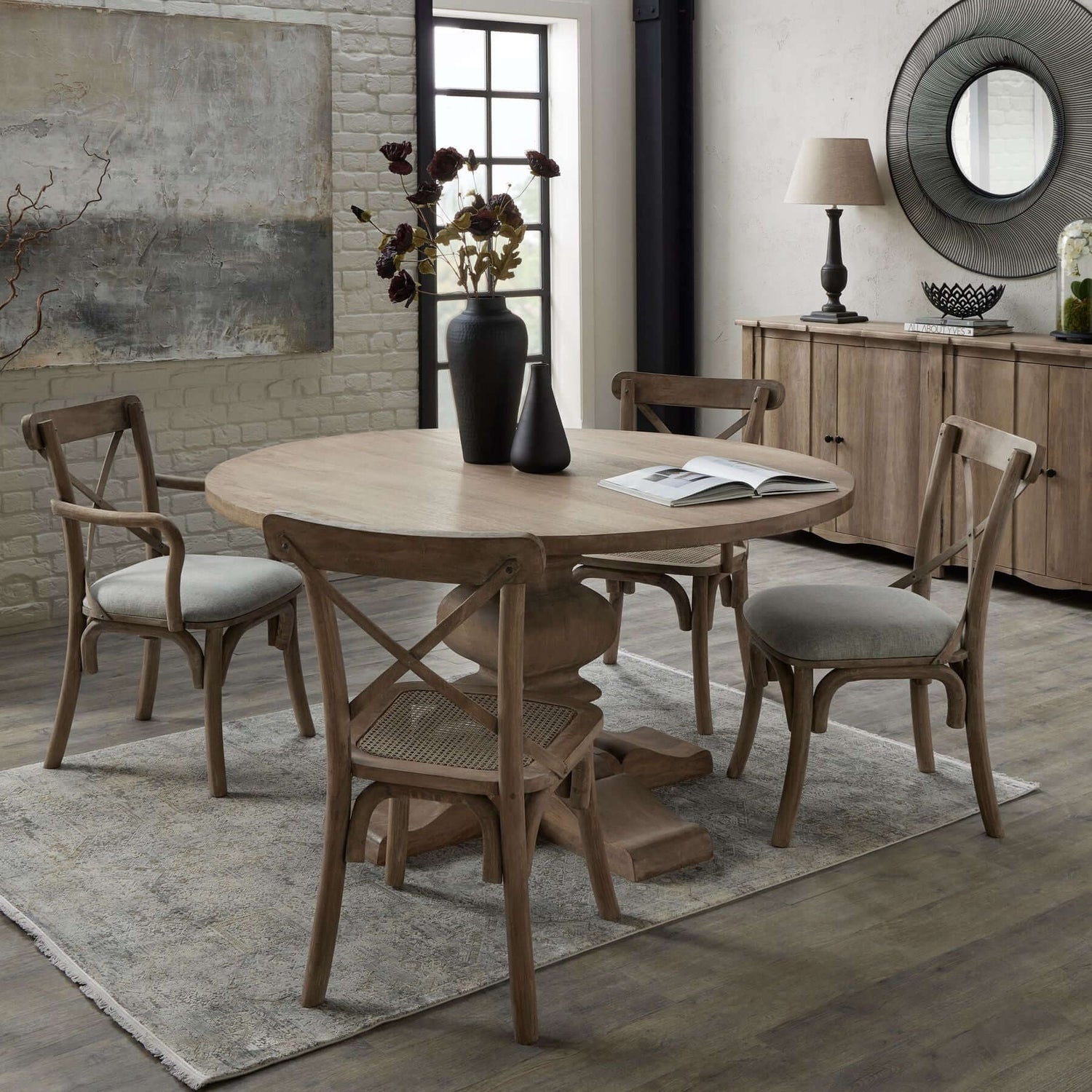Rustic Dining Table Set With Fabric Cushion Chairs