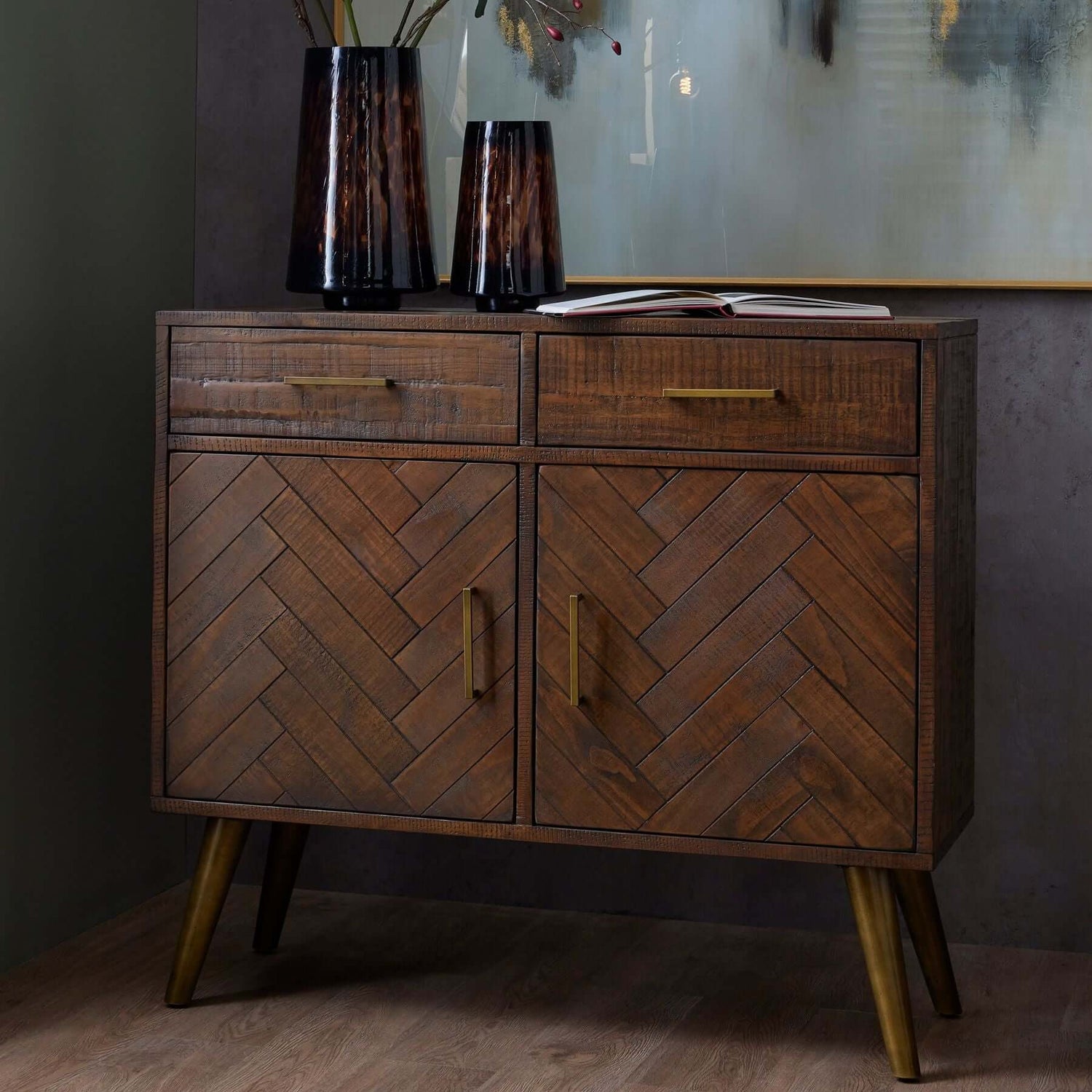 Rustic wooden and gold sideboard