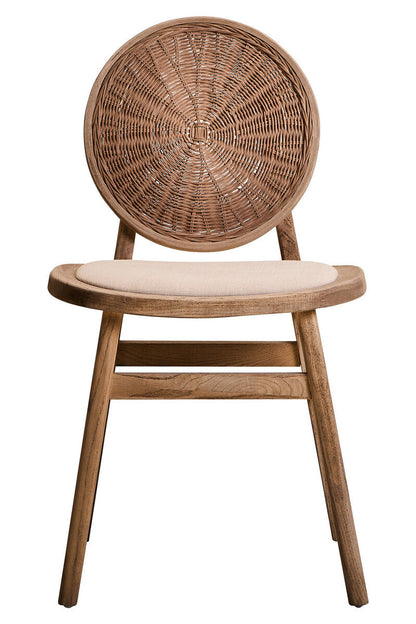 White Wash Wood and Round Rattan Dining Chair with Beige Seat