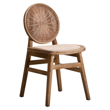 White Wash Wood and Round Rattan Dining Chair with Beige Seat