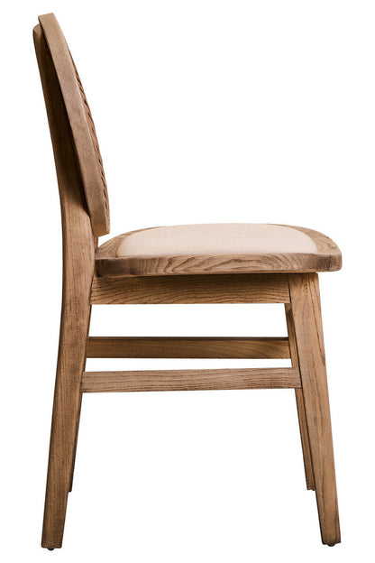 White Wash Wood and Round Rattan Dining Chair with Beige Seat