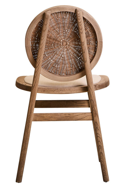 White Wash Wood and Round Rattan Dining Chair with Beige Seat