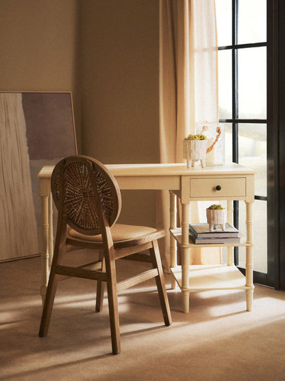 White Wash Wood and Round Rattan Dining Chair with Beige Seat
