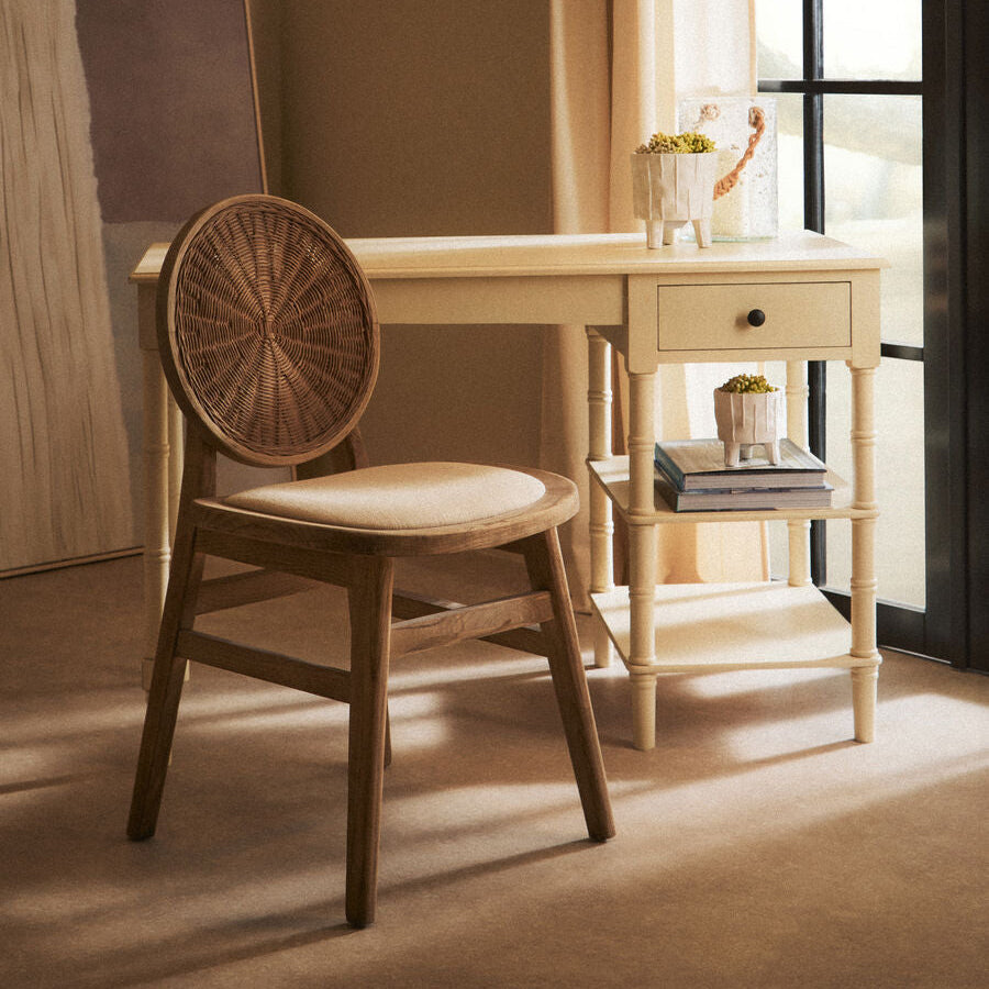 White Wash Wood and Round Rattan Dining Chair with Beige Seat