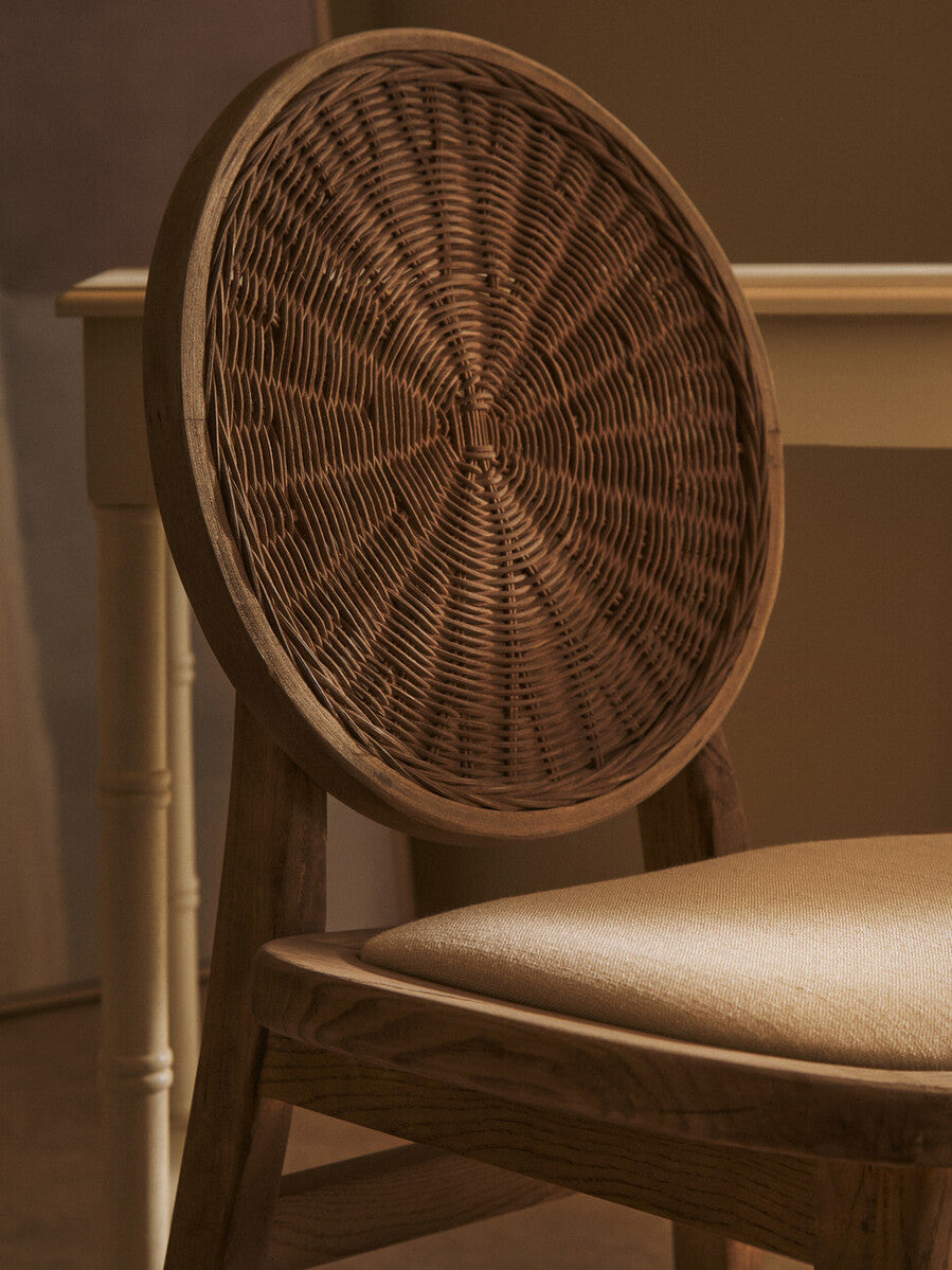White Wash Wood and Round Rattan Dining Chair with Beige Seat