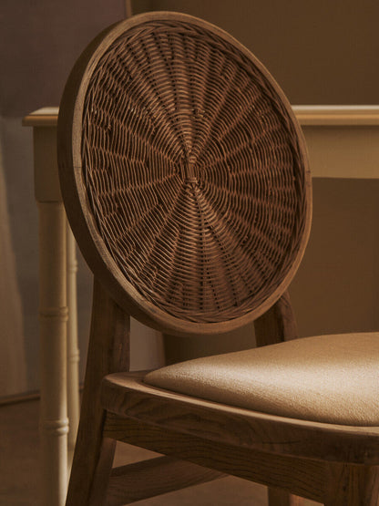 White Wash Wood and Round Rattan Dining Chair with Beige Seat