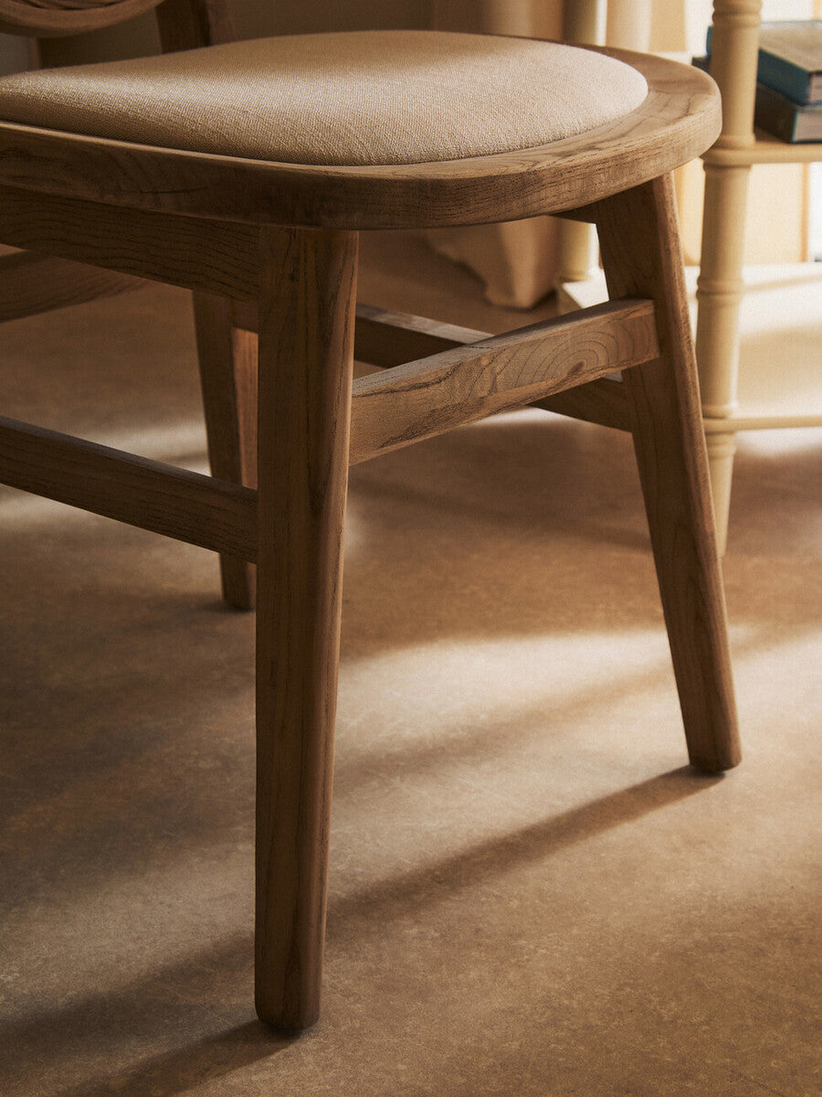 White Wash Wood and Round Rattan Dining Chair with Beige Seat