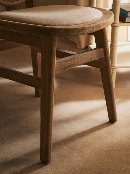 White Wash Wood and Round Rattan Dining Chair with Beige Seat