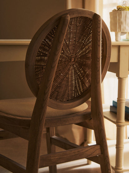 White Wash Wood and Round Rattan Dining Chair with Beige Seat