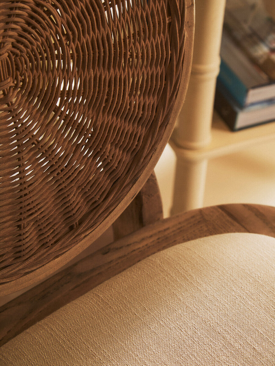 White Wash Wood and Round Rattan Dining Chair with Beige Seat